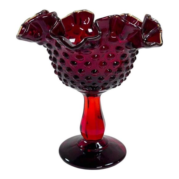 Vtg Fenton Ruby Red Amberina Gold Crested Ruffled Hobnail Compote 6" Candy Dish - Picture 2 of 5